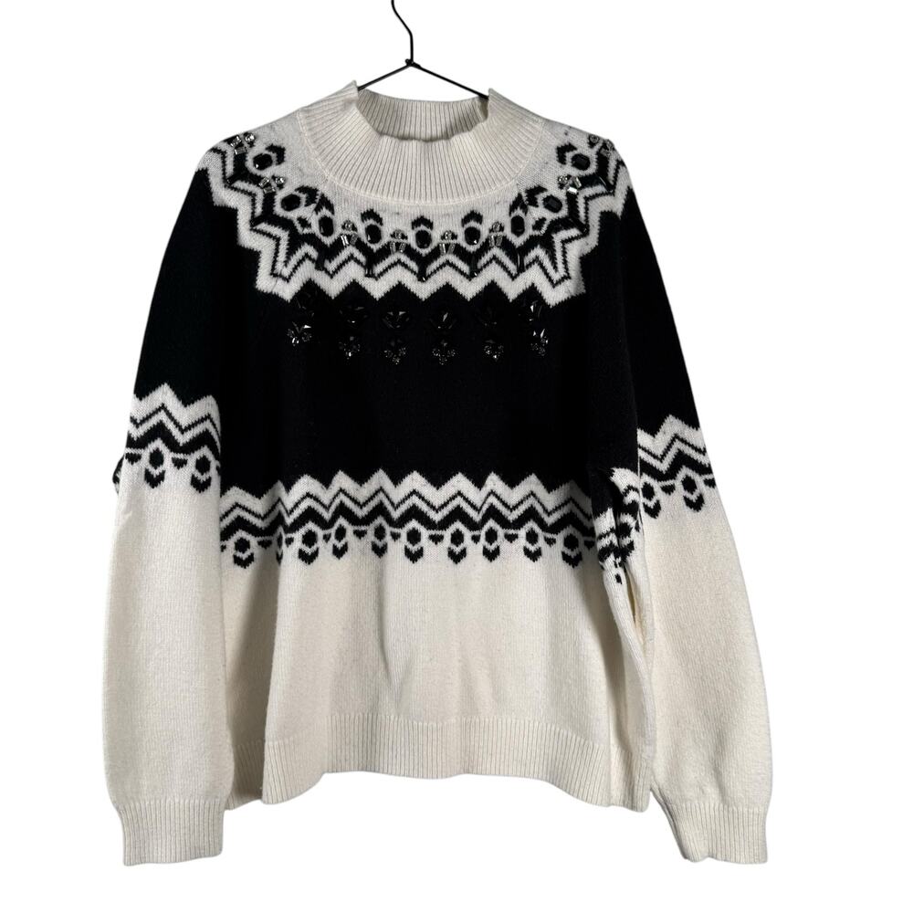 Ann Taylor Black HIte Fair Isle Nordic Sequin Embellished Mock Neck Sweater XL - Picture 3 of 9